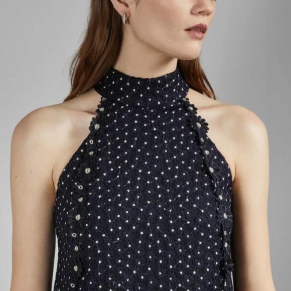NWT Ted Baker Navy Luxe Embroidered Halter Dress - Picture 12 of 15
